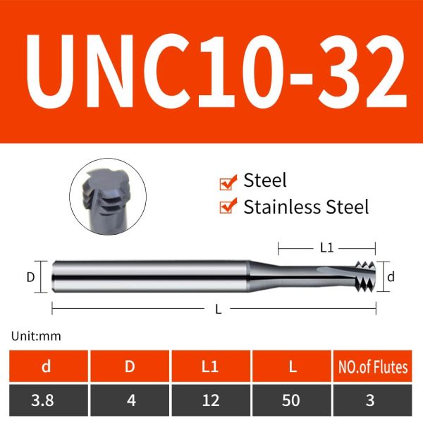 2pcs UNC UNF Thread Milling Cutter Solid Carbide for Stainless Steel UNF10-32-1